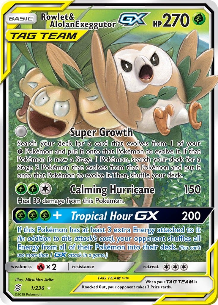 Rowlet & Alolan Exeggutor-GX (UNM #1) Pokemon Card
